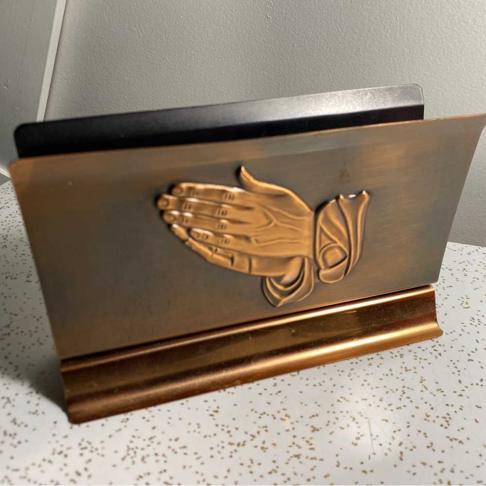 Vintage Giftcraft copper metal napkin holder “praying hands”